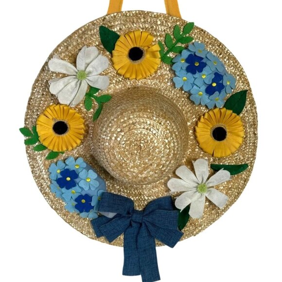 Easter Bonnet Door Decorative Wreath Spring Summer Straw Hat Floral Accents Bow - Picture 6 of 12